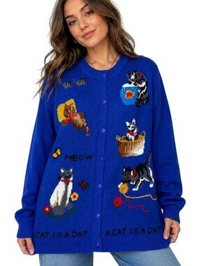 The Quacker Factory A Cat Is A Cat Vintage 90s Sweater Medium Cotton Ramie Novel